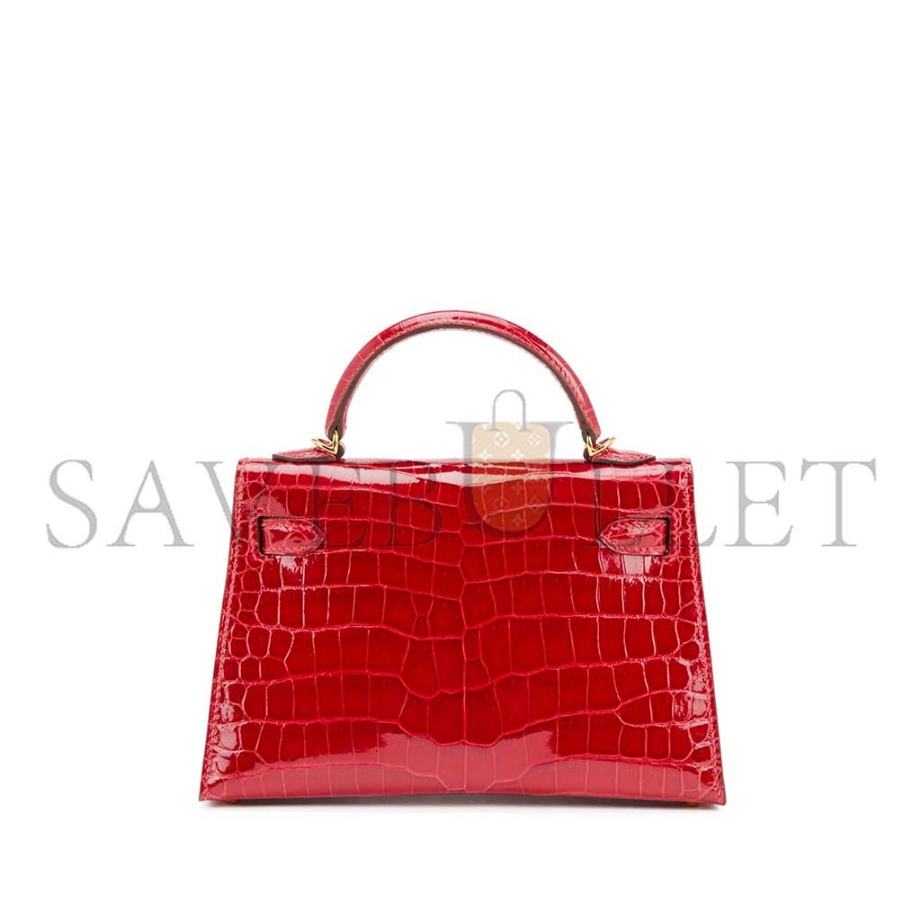 H**mes master mini kelly ii shiny crocodile leather ferrari red gold buckle (19*12*5.5cm)